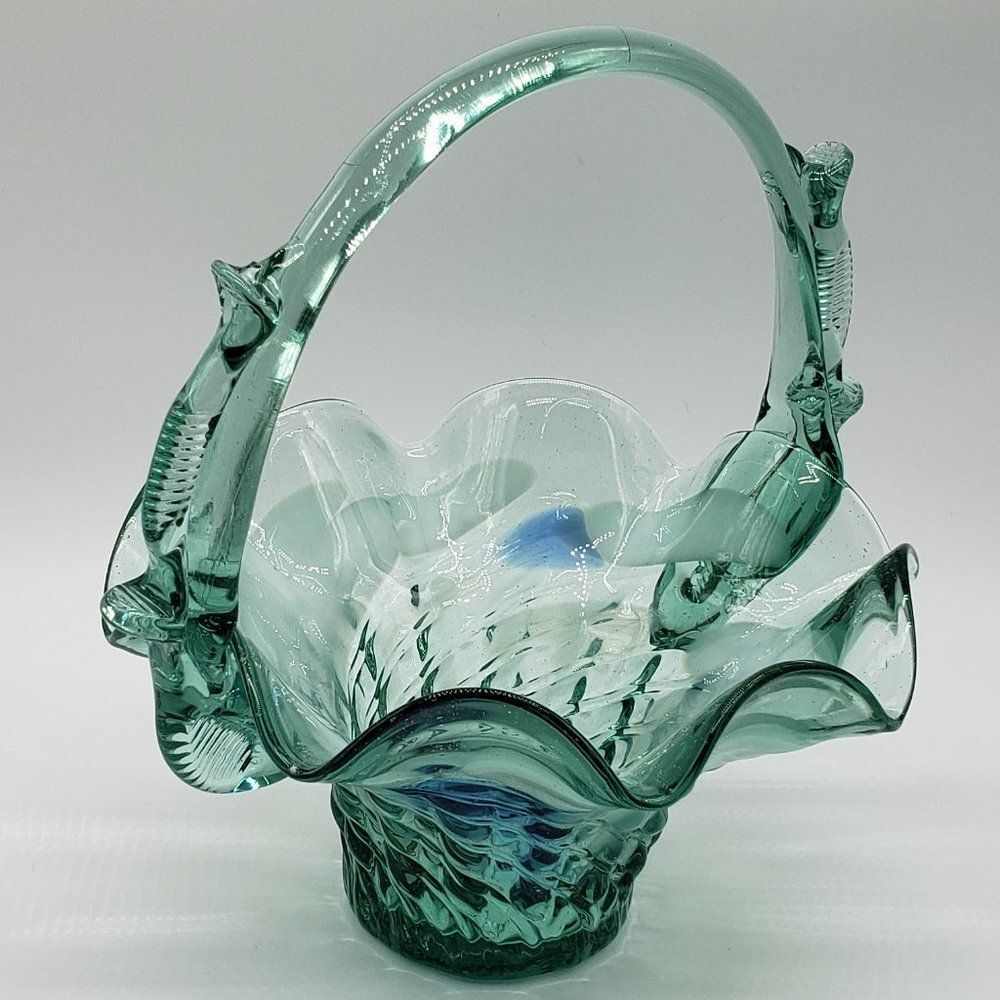 Teal White Blue Vintage Art Glass Ruffled Waffle Fruit Basket with Handle - Picture 7 of 15